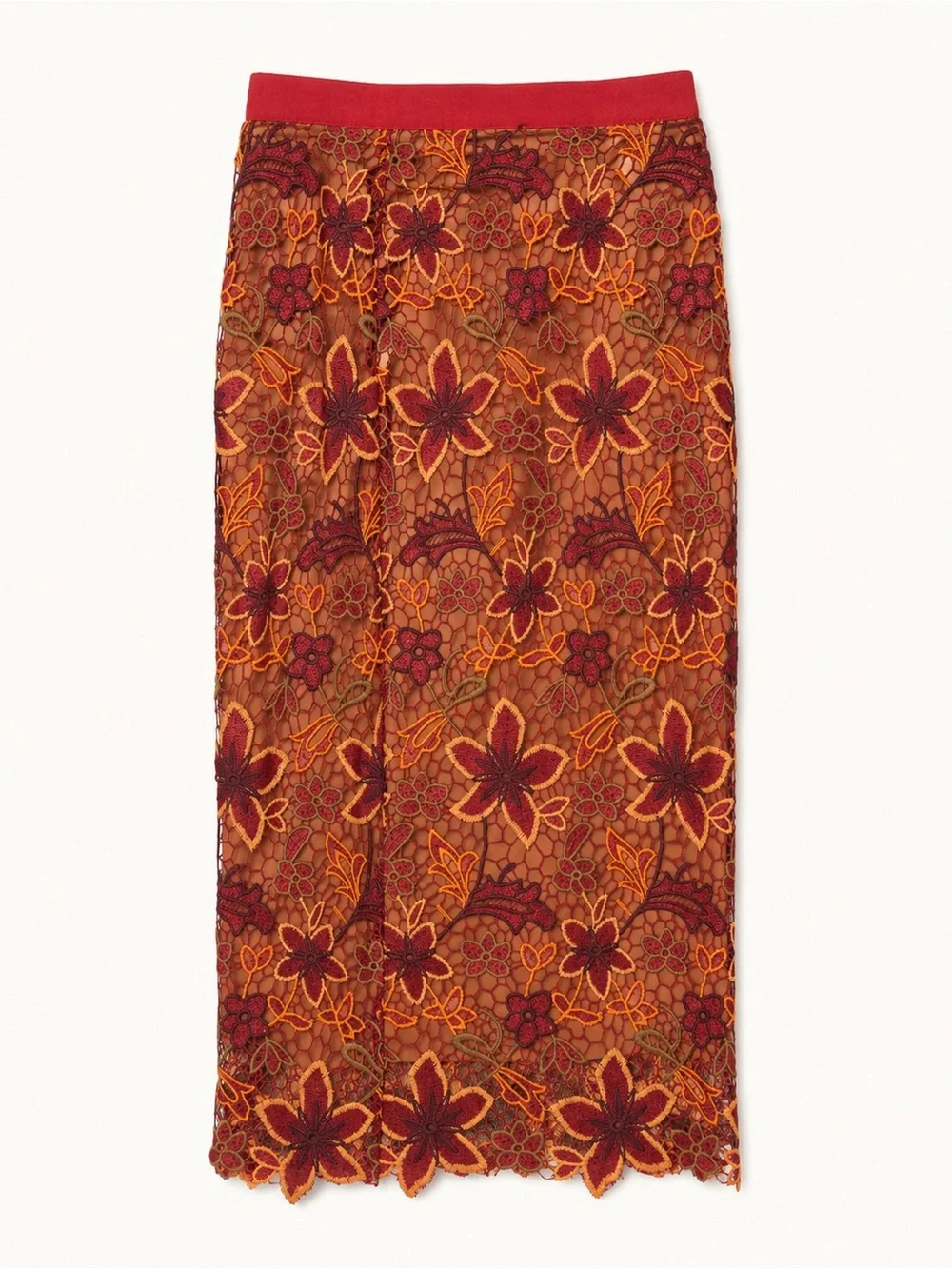 Nora Barth Embroidered Floral Midi Pencil Skirt in Red and Orange